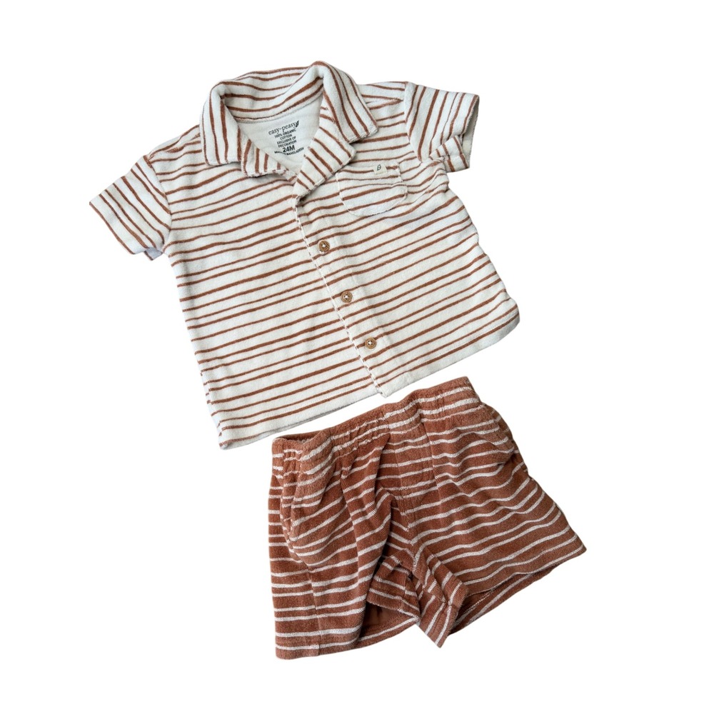 Easy-Peasy Kids 24M Organic Cotton Terry Cloth Striped Shirt and Shorts Set